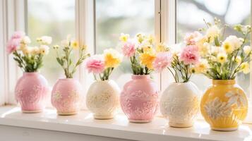 AI generated Springtime Windowsill Decor Featuring Painted Eggs and Potted Blooms photo