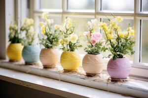 AI generated Springtime Windowsill Decor Featuring Painted Eggs and Potted Blooms photo