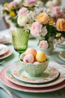 AI generated Charming Egg Cups, Floral Plates, and Pastel Napkins photo