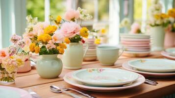 AI generated Charming Egg Cups, Floral Plates, and Pastel Napkins photo