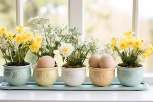 AI generated Springtime Windowsill Decor Featuring Painted Eggs and Potted Blooms photo