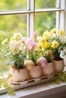 AI generated Springtime Windowsill Decor Featuring Painted Eggs and Potted Blooms photo