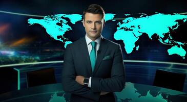 AI generated a news anchor of some type is displayed with many world map photo