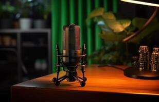 ai generado con un micrófono en un escritorio en el oficina, nosotros lata crear un podcast desde grabación mensajes de voz foto