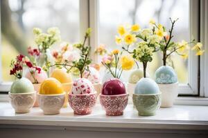 AI generated Springtime Windowsill Decor Featuring Painted Eggs and Potted Blooms photo