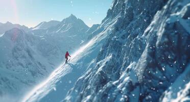 AI generated a guy skiing down the side of the tall mountains photo