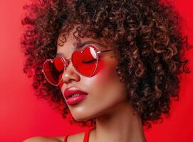 ai generado un Rizado peludo mujer con un linda rojo corazón conformado Gafas de sol foto