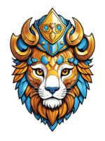 ai generiert Löwe Kopf mit Krone und Schild von Gold isoliert auf transparent Hintergrund Illustration png
