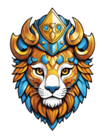 ai généré Lion tête avec couronne et bouclier de or isolé sur transparent Contexte illustration png