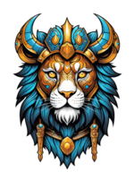 ai généré Lion tête avec couronne et bouclier de or isolé sur transparent Contexte illustration png