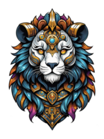 ai généré Lion tête avec couronne et bouclier de or isolé sur transparent Contexte illustration png