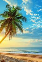 AI generated Sunny exotic beach by the ocean with palm trees at sunset summer vacation Generate AI photo