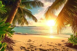 AI generated Sunny exotic beach by the ocean with palm trees at sunset summer vacation Generate AI photo