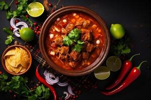 AI generated Top view on appetizing pozole bowl generative AI photo