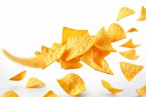 AI generated Corn chips of triangular shape levitate on a white background Generative AI photo