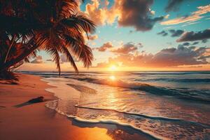 AI generated Sunny exotic beach by the ocean with palm trees at sunset summer vacation Generate AI photo