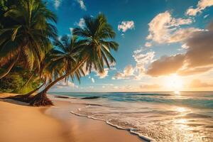 AI generated Sunny exotic beach by the ocean with palm trees at sunset summer vacation Generate AI photo