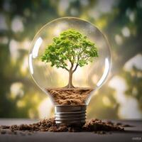 AI generated Photo tree growing on light bulb with sunshine generative AI