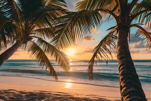 AI generated Sunny exotic beach by the ocean with palm trees at sunset summer vacation Generate AI photo