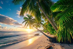 AI generated Sunny exotic beach by the ocean with palm trees at sunset summer vacation Generate AI photo