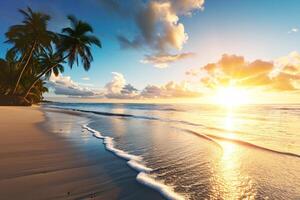 AI generated Sunny exotic beach by the ocean with palm trees at sunset summer vacation Generate AI photo