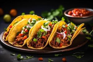 AI generated Mexican tacos with beef in tomato sauce and salsa Generative AI photo