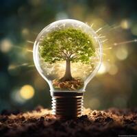 AI generated Photo tree growing on light bulb with sunshine generative AI