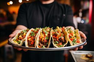 AI generated Close up person holding plate with taco Generative AI photo