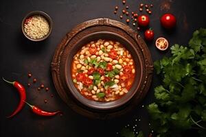 AI generated Top view on appetizing pozole bowl Generative AI photo