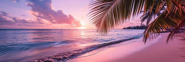 AI generated Sunny exotic beach by the ocean with palm trees at sunset summer vacation Generate AI photo