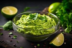 AI generated High angle tasty guacamole in bowl copy space concept Generate AI photo