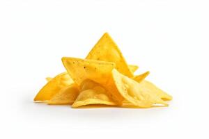 AI generated Corn chips of triangular shape levitate on a white background Generative AI photo