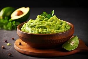 ai generado alto ángulo sabroso guacamole en cuenco Copiar espacio concepto generar ai foto