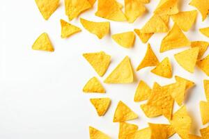 ai generado maíz papas fritas de triangular forma erigir por levitación en un blanco antecedentes generativo ai foto