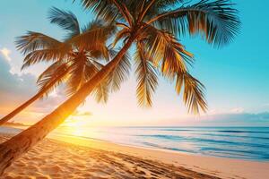 AI generated Sunny exotic beach by the ocean with palm trees at sunset summer vacation Generate AI photo