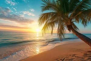 AI generated Sunny exotic beach by the ocean with palm trees at sunset summer vacation Generate AI photo