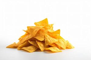 AI generated Corn chips of triangular shape levitate on a white background Generative AI photo