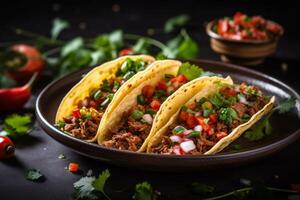 AI generated Mexican tacos with beef in tomato sauce and salsa Generative AI photo