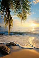 AI generated Sunny exotic beach by the ocean with palm trees at sunset summer vacation Generate AI photo