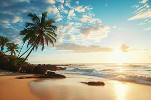 AI generated Sunny exotic beach by the ocean with palm trees at sunset summer vacation Generate AI photo