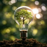 AI generated Photo tree growing on light bulb with sunshine generative AI