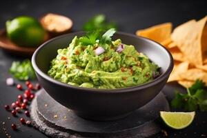 AI generated High angle tasty guacamole in bowl copy space concept Generate AI photo