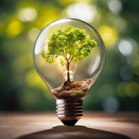 AI generated Photo tree growing on light bulb with sunshine generative AI