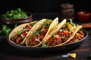 AI generated Mexican tacos with beef in tomato sauce and salsa Generative AI photo