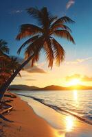 AI generated Sunny exotic beach by the ocean with palm trees at sunset summer vacation Generate AI photo