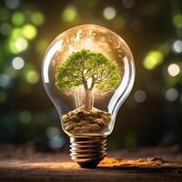 AI generated Photo tree growing on light bulb with sunshine generative AI