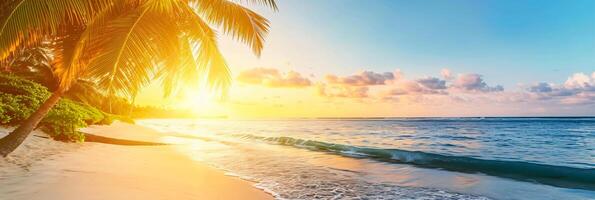 ai generado soleado exótico playa por el Oceano con palma arboles a puesta de sol verano vacaciones generar ai foto