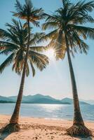 AI generated Sunny exotic beach by the ocean with palm trees at sunset summer vacation Generate AI photo