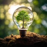 AI generated Photo tree growing on light bulb with sunshine generative AI