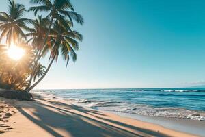 AI generated Sunny exotic beach by the ocean with palm trees at sunset summer vacation Generate AI photo